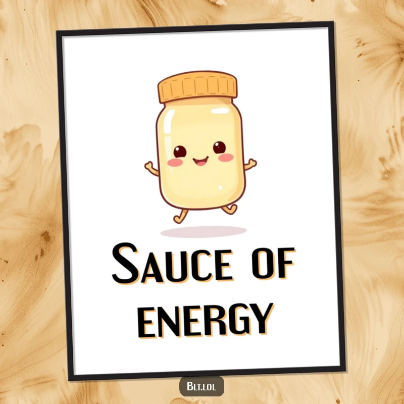 Funny anthropomorphic mayonnaise jar character hopping with joy, downloadable humorous digital art print.