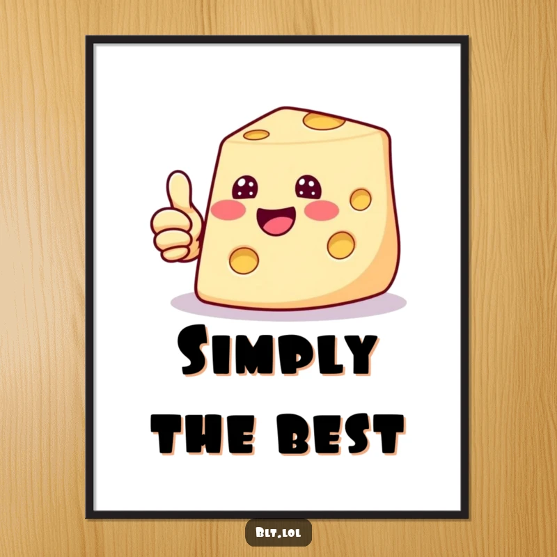 Funny digital art print of a beaming cheese slice giving a thumbs up, adding a cheerful and positive vibe.