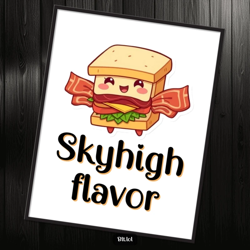 Funny BLT Sandwich Digital Art Print: A whimsical digital artwork of a BLT sandwich heroically flying with bacon strip wings.