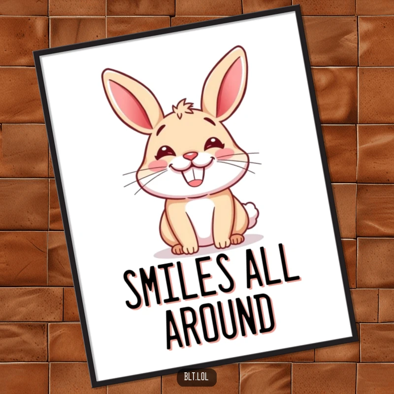 Funny digital art print of a smiling cartoon bun with a huge, happy grin, perfect for wall decor. Instant gift.