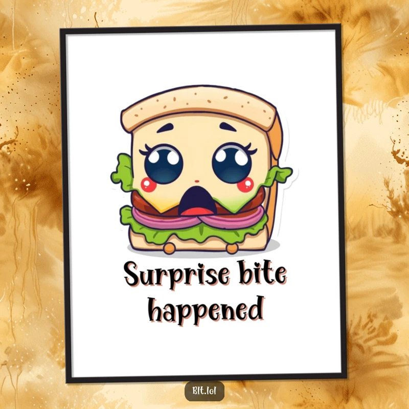 Funny Digital Art Print of a surprised BLT sandwich character with wide eyes as a bite is taken, ideal for adding humor.