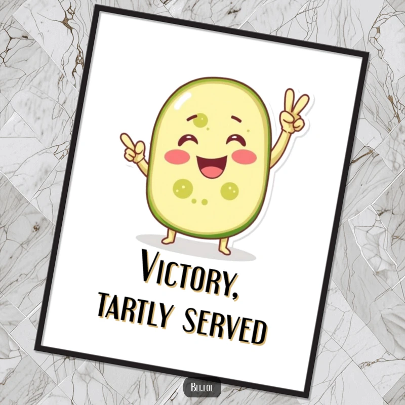 Funny digital art print of a smiling pickle slice in a dynamic victory pose, adding a humorous celebratory vibe.