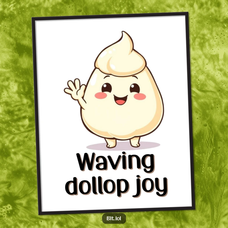 Funny joyful mayonnaise dollop waving hello, available as a high-resolution digital art print for immediate friendly decor.