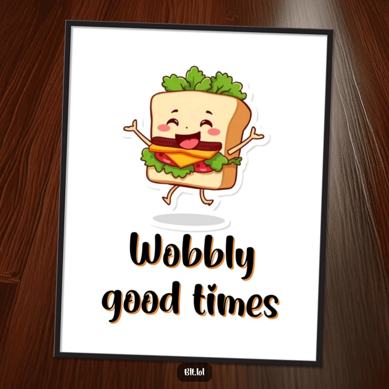 Funny Digital Art Print of a happy BLT sandwich character dancing, its lettuce wobbling, ideal for adding a fun vibe to decor.