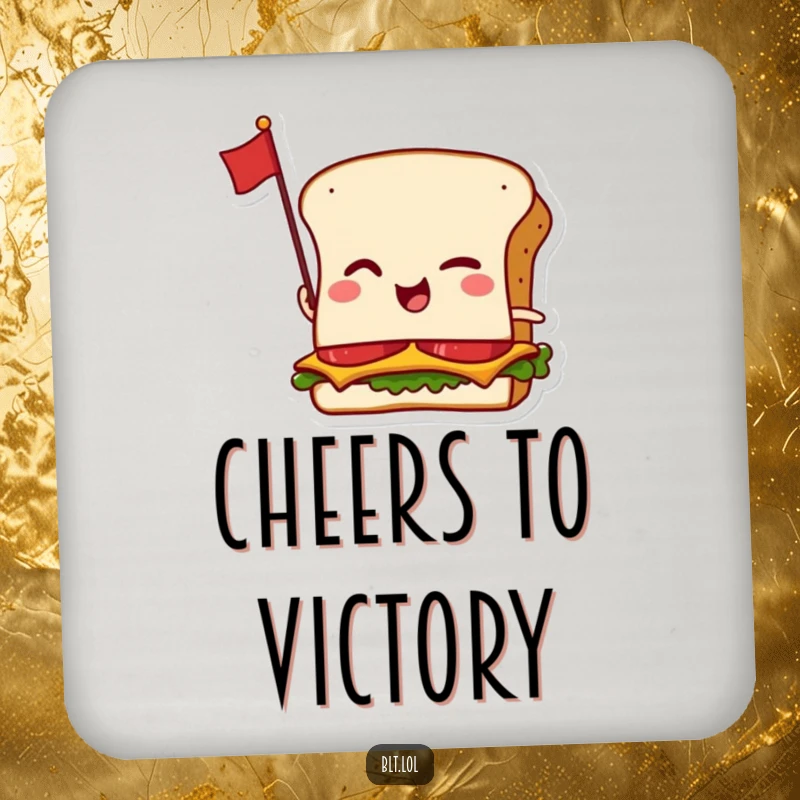 Funny coaster featuring a winking anthropomorphic BLT sandwich with a tiny flag, protecting surfaces with cheeky humor.
