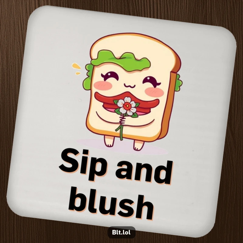 Funny Drink Coaster featuring a bashful BLT sandwich character blushing and holding flowers, adding a touch of floral humor.