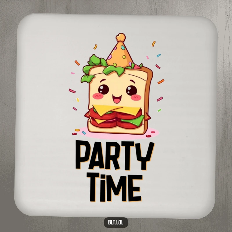 Funny BLT sandwich character wearing a party hat and surrounded by confetti, depicted on a protective drink coaster.