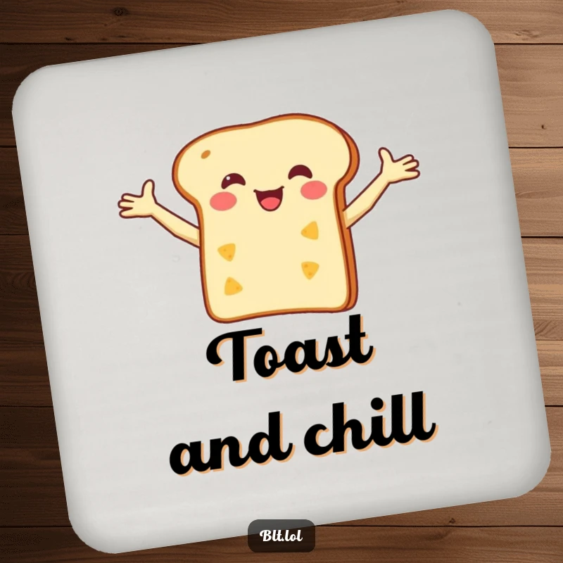 Funny Drink Coaster with a happy bread slice balancing a small cheese slice, adding a humorous and delicious element.