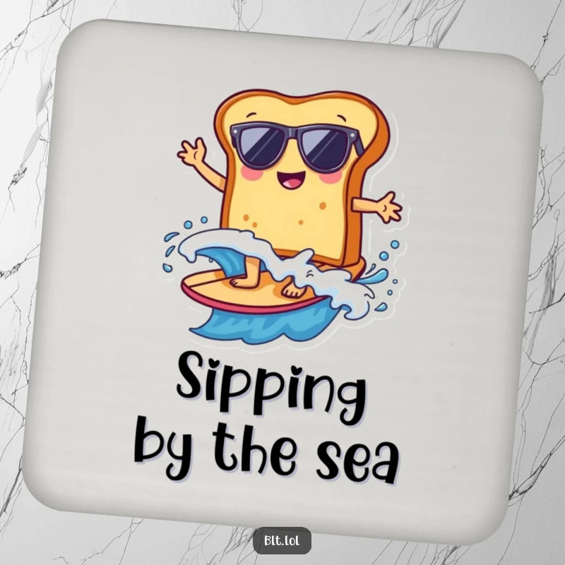 Funny bread slice wearing sunglasses surfing a wave, protecting a drink, these coasters add beach humor to any surface.