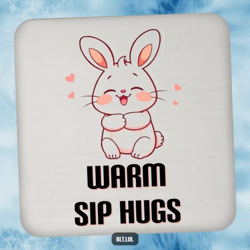 Funny bun character giving a hug, designed on protective drink coasters for a humorous and heartwarming touch.