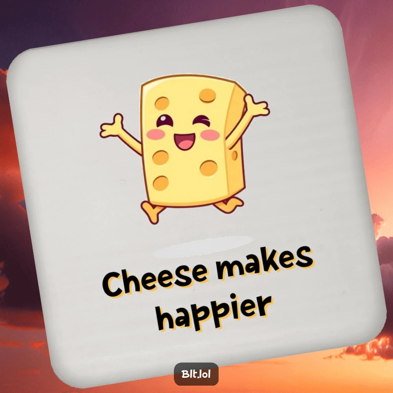 Funny Coaster featuring a happy cheese slice character doing a joyful jump, protecting surfaces with a humorous food design.
