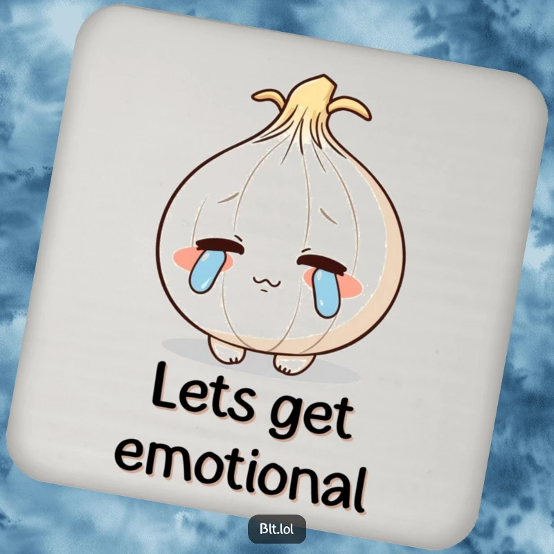 Funny shy anthropomorphic onion shedding cartoon tears, a humorous and empathetic drink coaster.