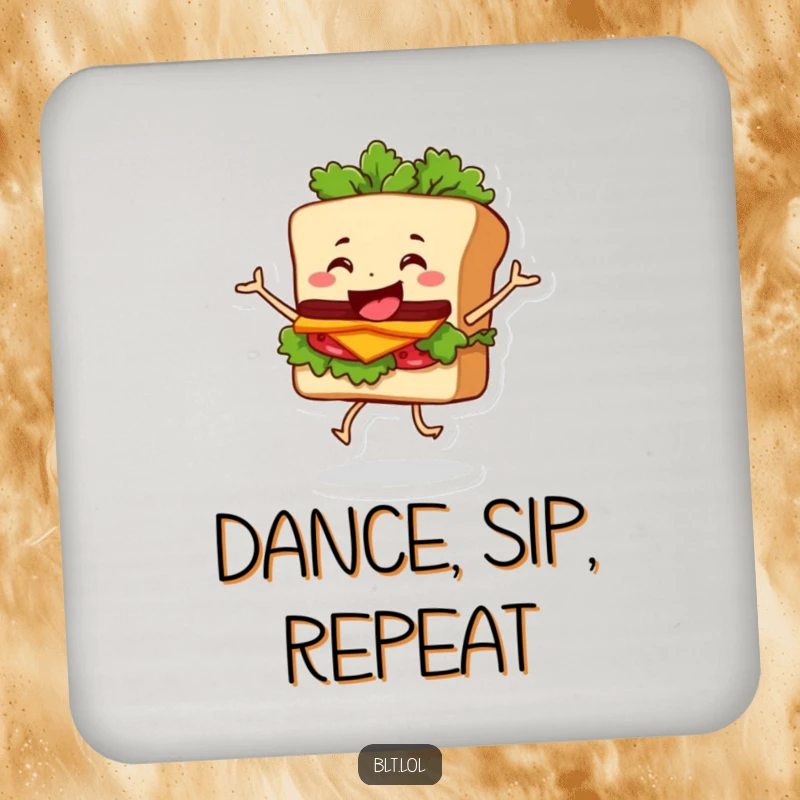Funny Drink Coaster featuring a happy BLT sandwich character dancing with its lettuce wobbling, adding a touch of food-themed fun.