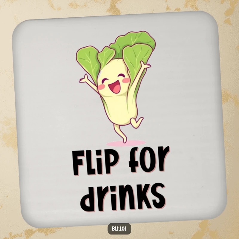 Funny lettuce leaf character performing a gymnastics flip, designed to protect surfaces with athletic humor.