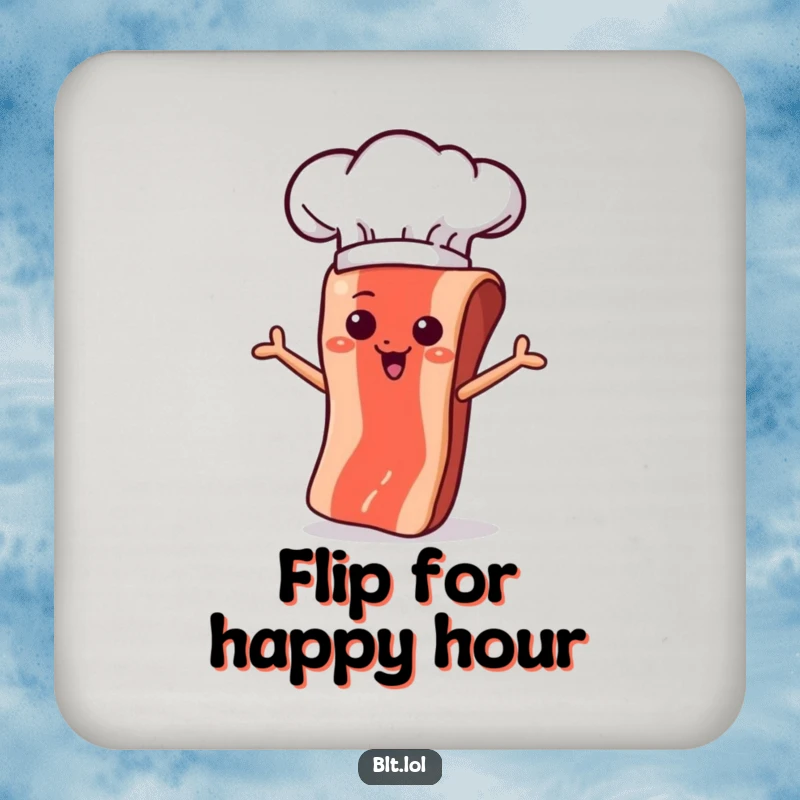 Funny bacon strip character in a chef hat, mid-flip, designed to protect surfaces with culinary humor.