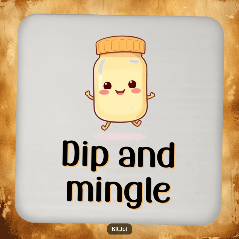 Funny anthropomorphic mayonnaise jar doing a playful hop, a humorous and charming drink coaster.