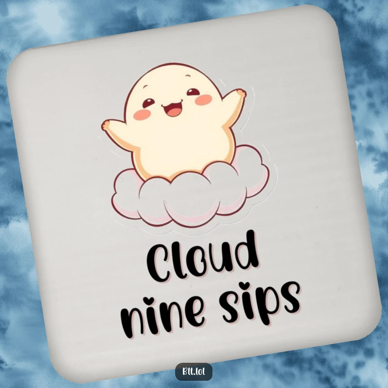 Funny cheerful Kawaii dumpling character bouncing on a cloud on a drink coaster, protecting surfaces with charm.