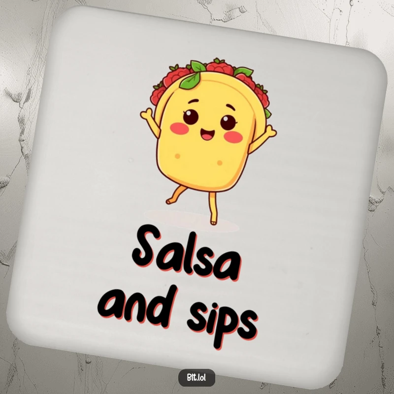 Funny Kawaii taco character with tiny legs salsa dancing on a drink coaster, protecting surfaces with humor.