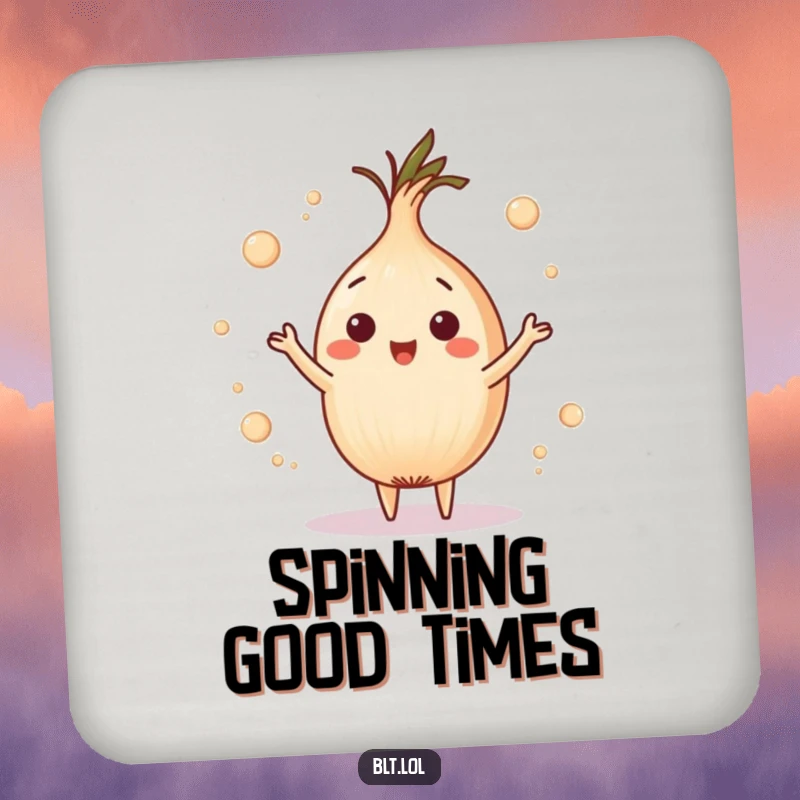 Funny playful onion ring juggling tiny circles on a drink coaster, protecting surfaces with playful, whimsical humor.