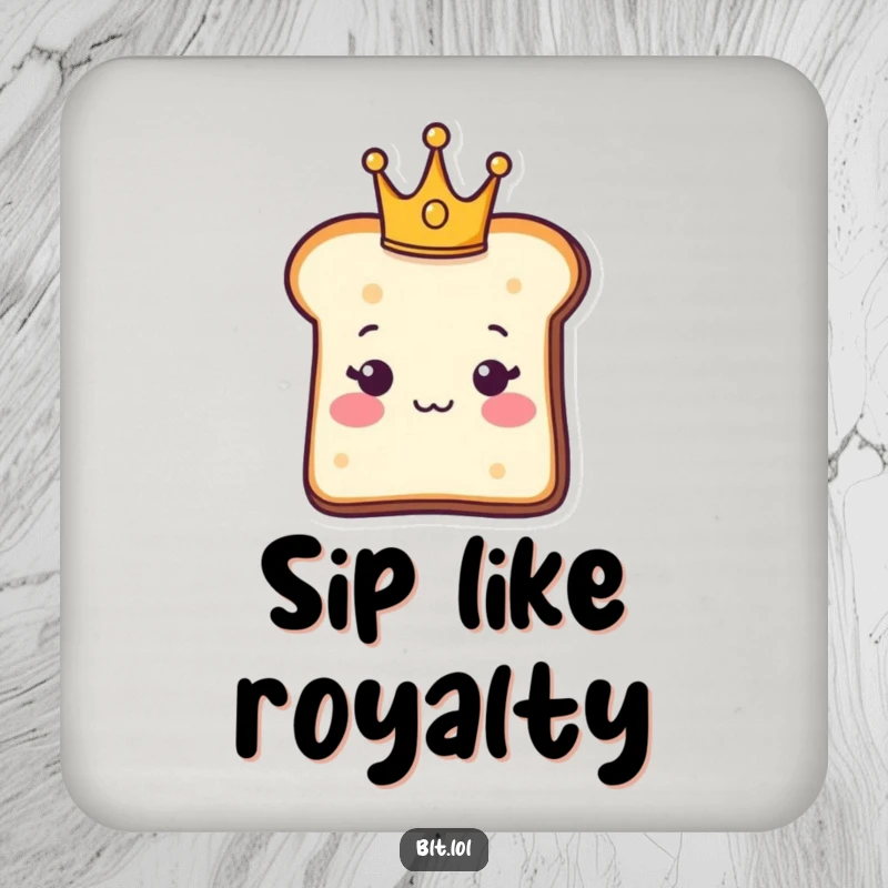 Funny Coaster: A bread slice wearing a tiny crown, protecting surfaces. Great funny gift for hosts.
