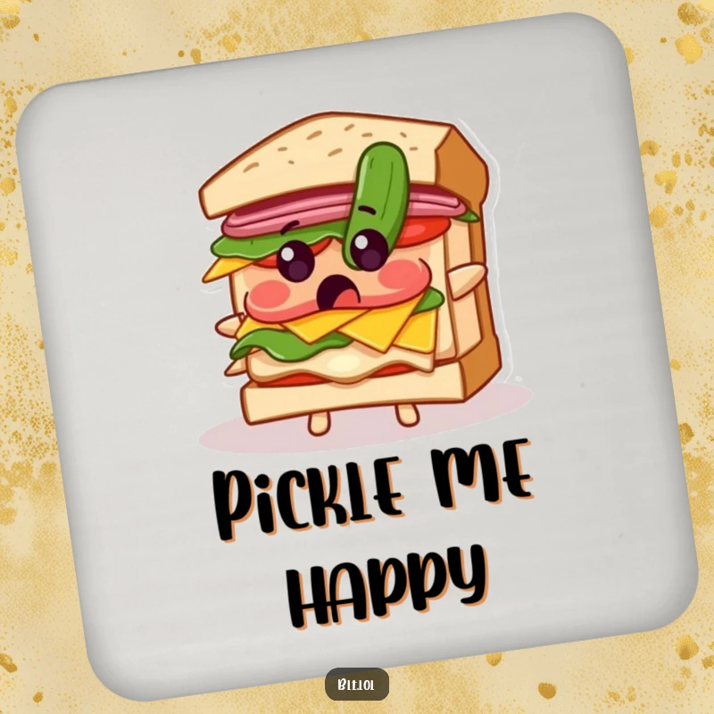 Funny drink coaster with a BLT sandwich looking surprised by a falling pickle, adding a humorous element to any beverage.