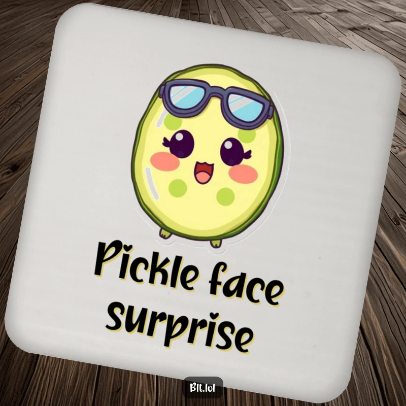 Funny pickle slice character wearing tiny goggles, eyes wide with surprise, designed for coasters.