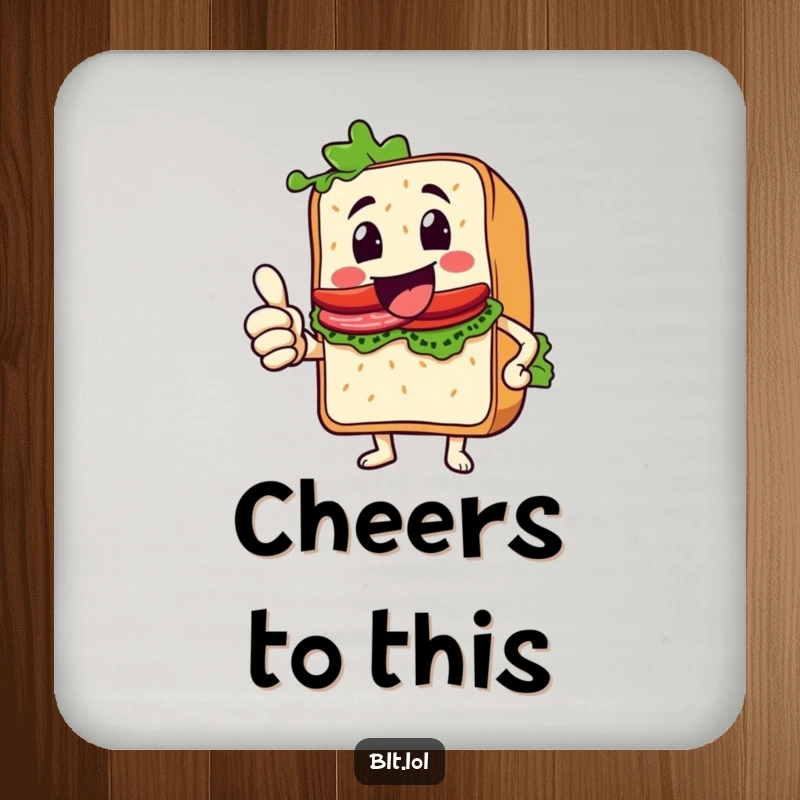 Funny Thumbs Up BLT Sandwich Coasters, a sandwich character giving an enthusiastic thumbs up, protecting surfaces stylishly, ideal funny gift.