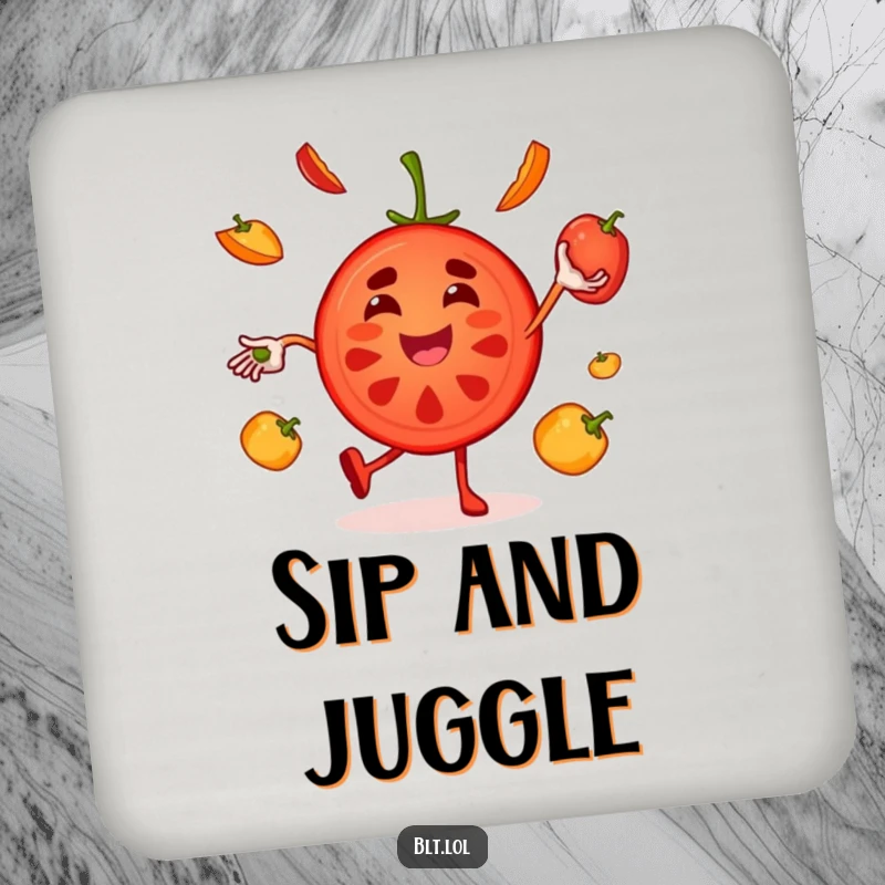 Funny juggling tomato coasters featuring a joyful character, adding a humorous and protective touch to table surfaces.