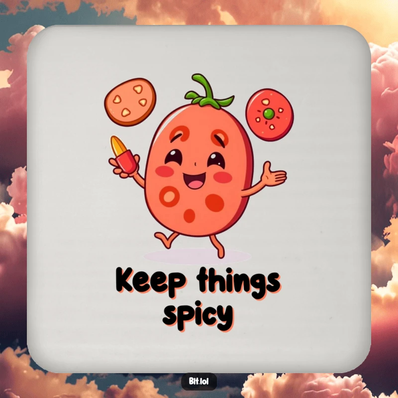 Funny Tomato Juggling Coasters: A joyful tomato slice character is juggling pepper slices, adding humorous protection to surfaces.