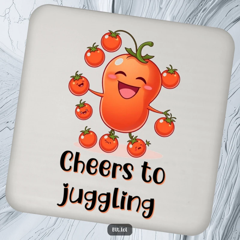 Funny tomato coaster with a laughing tomato juggling smaller tomatoes, protecting furniture with garden humor.