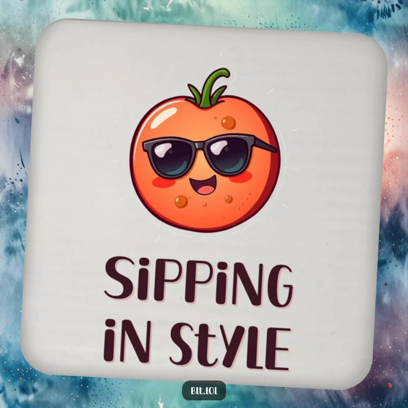 Funny cheerful tomato slice wearing sunglasses on a drink coaster, protecting surfaces with humor and style.