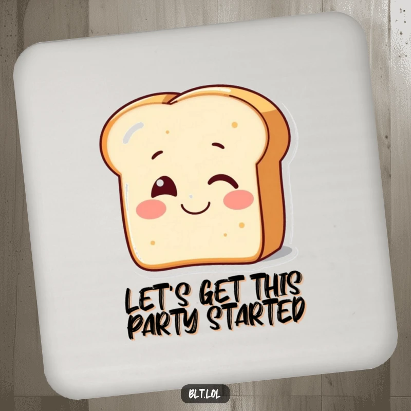Funny smiling piece of bread winking on a drink coaster, protecting surfaces with cute, charming humor.