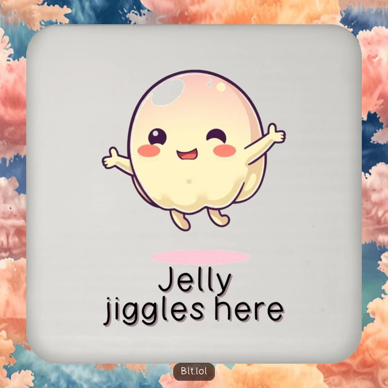 Funny wobbly jelly character bouncing energetically, designed on protective drink coasters for a humorous and playful touch.