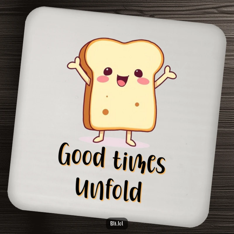 Funny coaster featuring a joyful anthropomorphic bread slice with arms raised, protecting surfaces with cheerful humor.