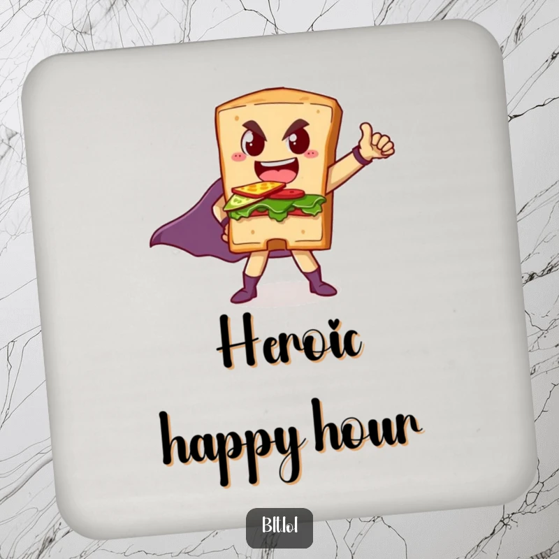 Funny drink coaster featuring a BLT sandwich in a superhero pose, defending surfaces with delicious charm.
