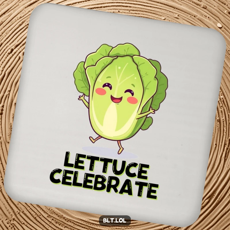 Funny Drink Coaster with a smiling lettuce slice performing a joyful jig, adding a humorous element to beverage service.