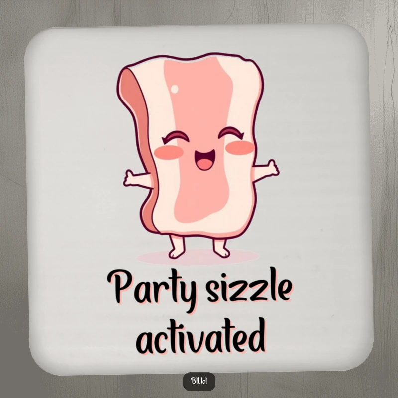 Funny giggling bacon coasters featuring a dancing character, adding a humorous touch to table protection.