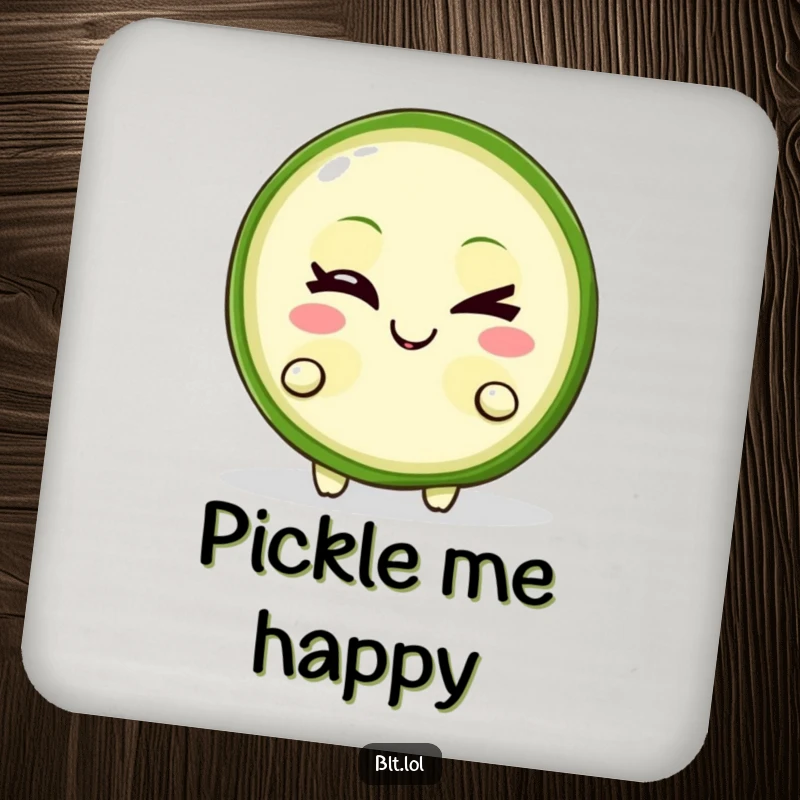 Funny Coaster featuring a winking pickle slice character with a mischievous grin, protecting surfaces with a humorous food design.