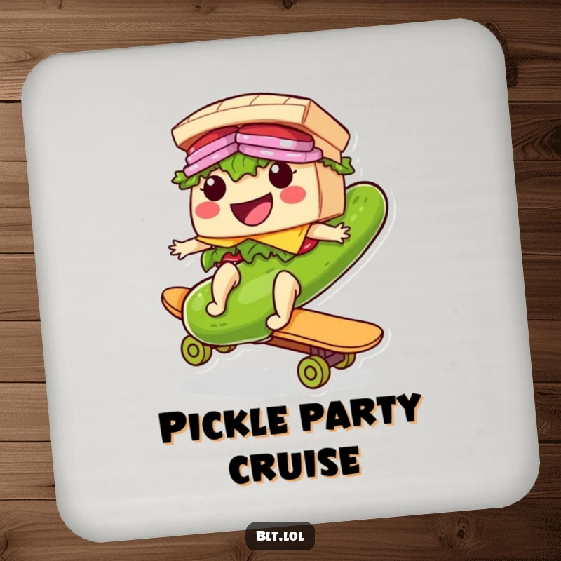 Funny Riding BLT Sandwich Coaster: A coaster featuring a smiling BLT sandwich character riding a giant pickle like a skateboard, adding humor.