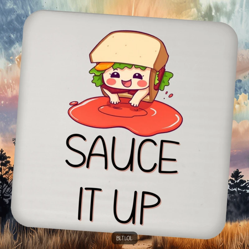 Funny BLT sandwich character joyfully diving into an imaginary pool of sauce, depicted on a protective drink coaster.