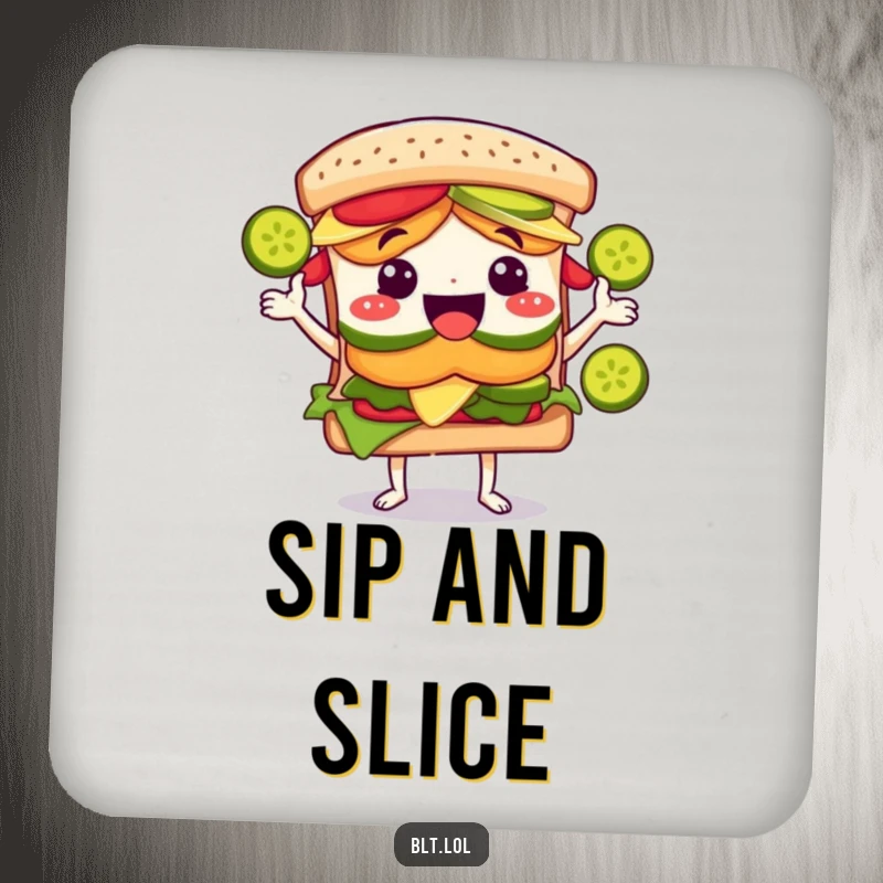 Funny BLT sandwich character juggling green pickle slices, depicted on a protective drink coaster for tables.