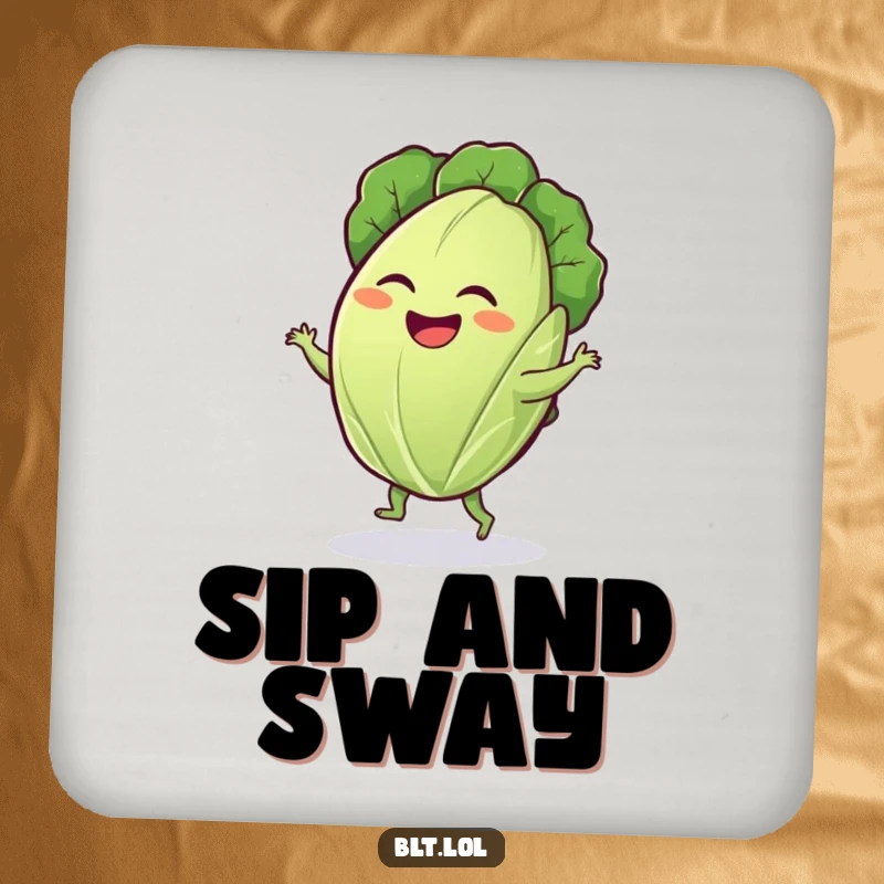 Funny lettuce leaf coaster with a giggling leaf doing a silly dance, protecting furniture with veggie humor.