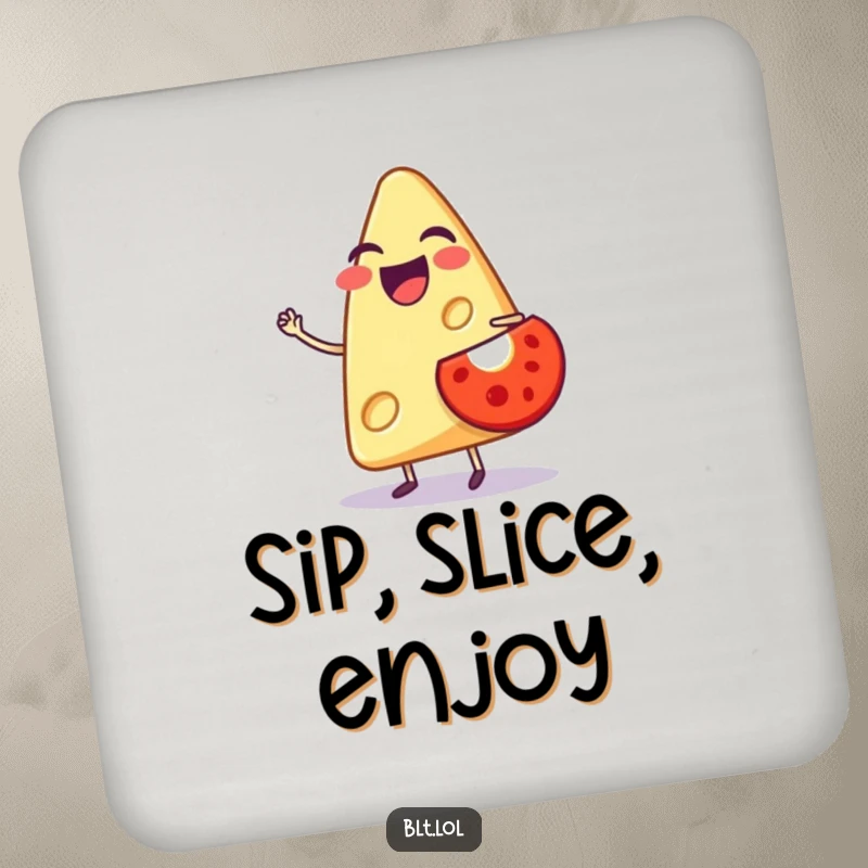 Funny coaster featuring a laughing anthropomorphic cheese slice balancing a tiny tomato, protecting surfaces with cheesy humor.