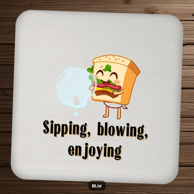Funny Bubble Blowing BLT Sandwich Coasters, a sandwich character blowing a big bubble, protecting surfaces with a playful design, ideal funny gift.