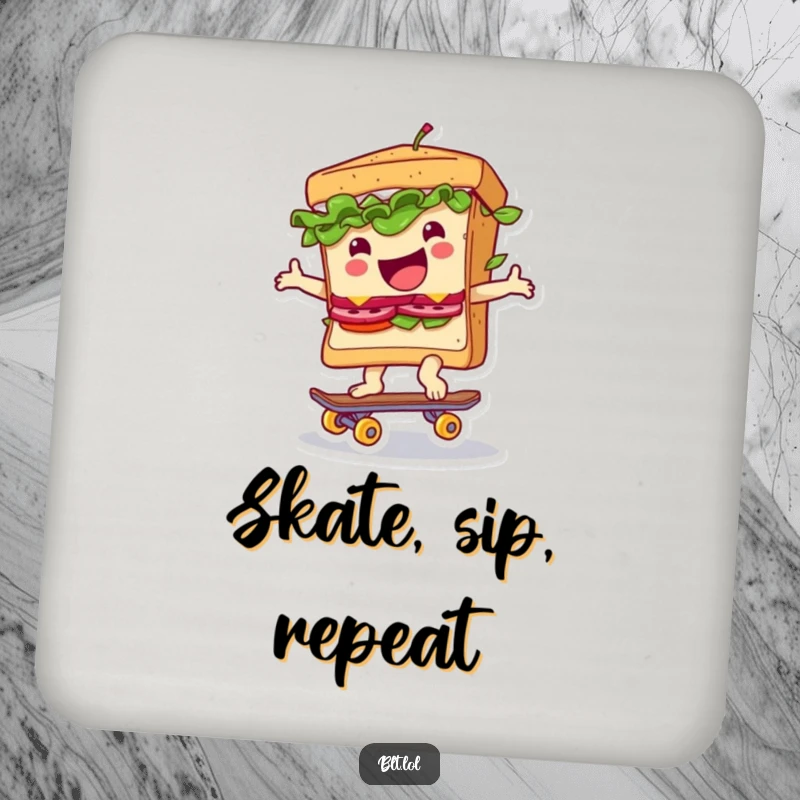 Funny drink coaster with a BLT sandwich gleefully skateboarding, adding a touch of cool and humor to any beverage.