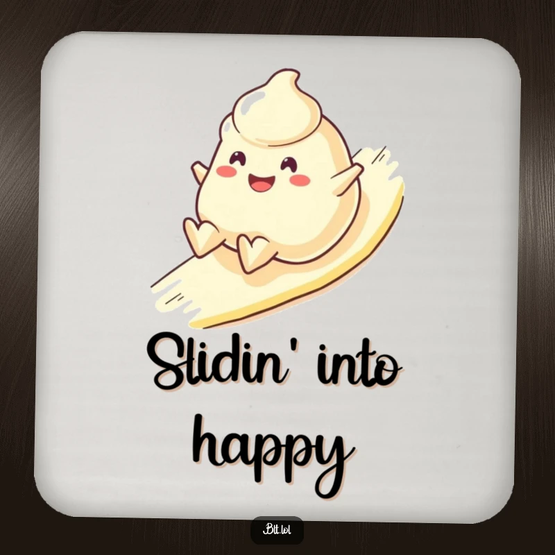Funny Coaster featuring a cheerful mayonnaise blob character sliding downhill happily, protecting surfaces with a humorous food design.
