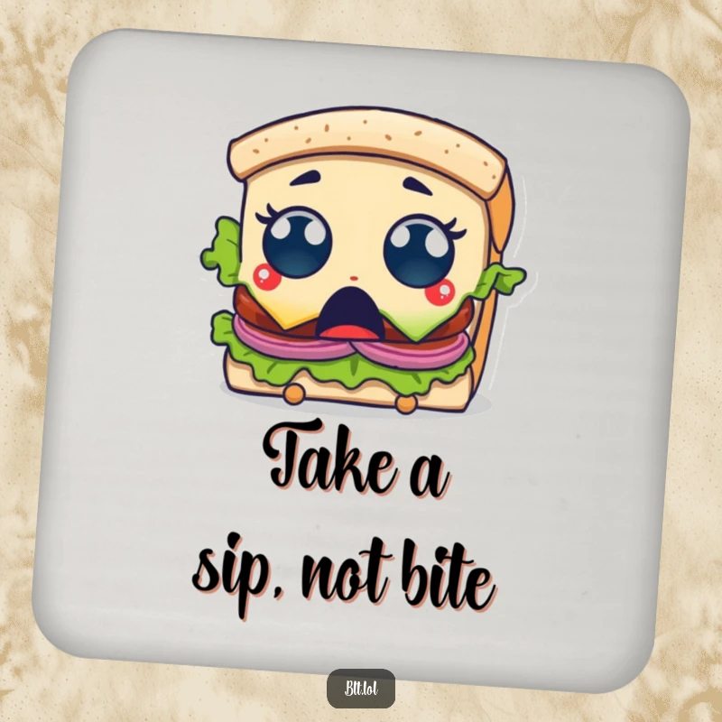 Funny Drink Coaster featuring a surprised BLT sandwich character with wide eyes reacting to a bite, adding a touch of food-themed fun.