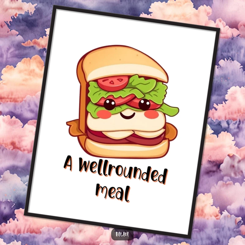 Funny BLT sandwich poster showcasing a beaming sandwich character with a lettuce head in a bow, radiating positivity.