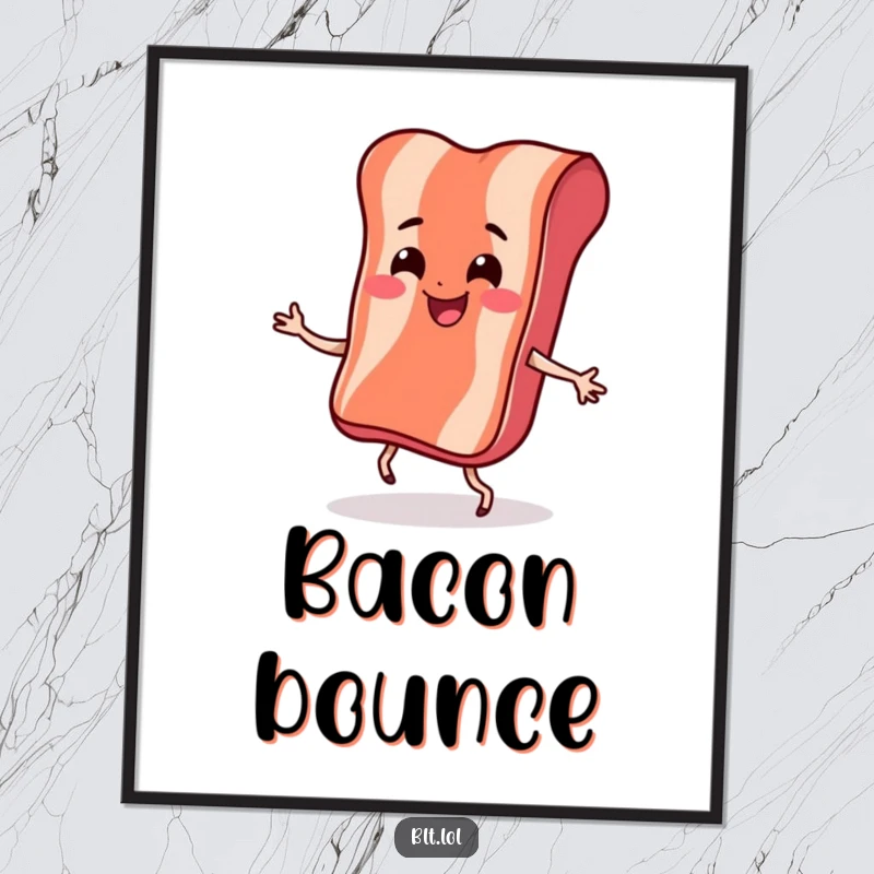 Funny Poster depicting a smiling bacon strip with little legs performing a lively and bouncy dance, full of breakfast cheer.