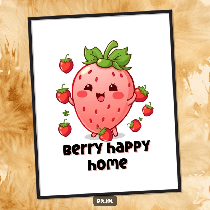 Funny giggling Kawaii strawberry character juggling berries, presented as fun wall art, perfect for kitchens or dining areas.